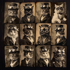 May include: Sepia-toned portraits of cats dressed in steampunk attire. Each cat wears a top hat with goggles, a vest, and a jacket. The cats have various fur colors and patterns, creating a unique collection of feline characters.