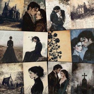 May include: A collection of vintage-style prints featuring romantic illustrations of couples, gothic architecture, and solitary figures in black attire. The prints have a sepia-toned background with handwritten script and floral accents.
