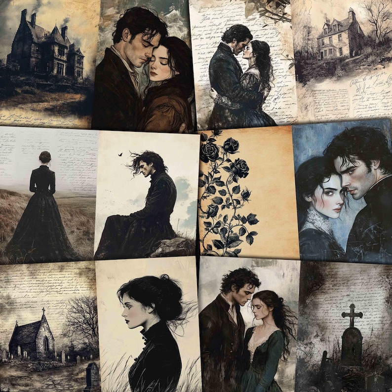 May include: A collection of vintage-style prints featuring romantic illustrations of couples, gothic architecture, and solitary figures in black attire. The prints have a sepia-toned background with handwritten script and floral accents.