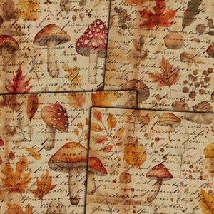 May include: A collage of vintage-style paper with watercolor illustrations of mushrooms, autumn leaves, and handwritten script. The mushrooms are various colors, including red, brown, and white. The leaves are shades of orange and yellow.