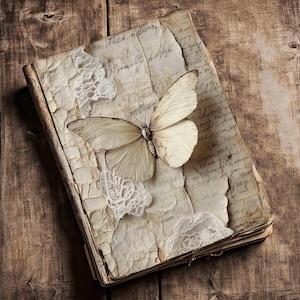 May include: A vintage-style journal with aged paper pages and a cream-colored butterfly accent. The journal is adorned with delicate white lace and handwritten script, set against a rustic wooden background.