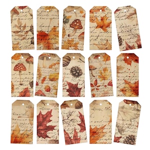 May include: A collection of vintage-style gift tags with an autumn theme. The tags feature illustrations of leaves, mushrooms, and pinecones in shades of brown, orange, and red. Some tags have handwritten script and the word "Chicago".