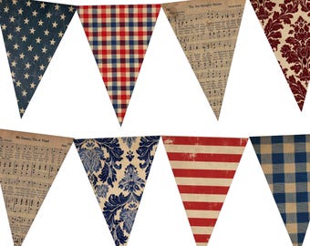 July 4th Printable Bunting Flags, Vintage Grunge America DIY Decor, Digital download