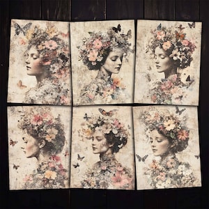 Shabby Vintage Lady Floral Portraits Digital Printable Papers Ephemera for Junk journals, Mixed media collage, DIY crafts
