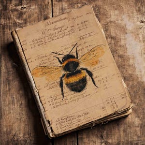May include: An antique book with aged, yellowed pages and handwritten script. A detailed illustration of a bumblebee, in black, yellow, and orange, is centered on the open pages. The book rests on a rustic wooden surface.
