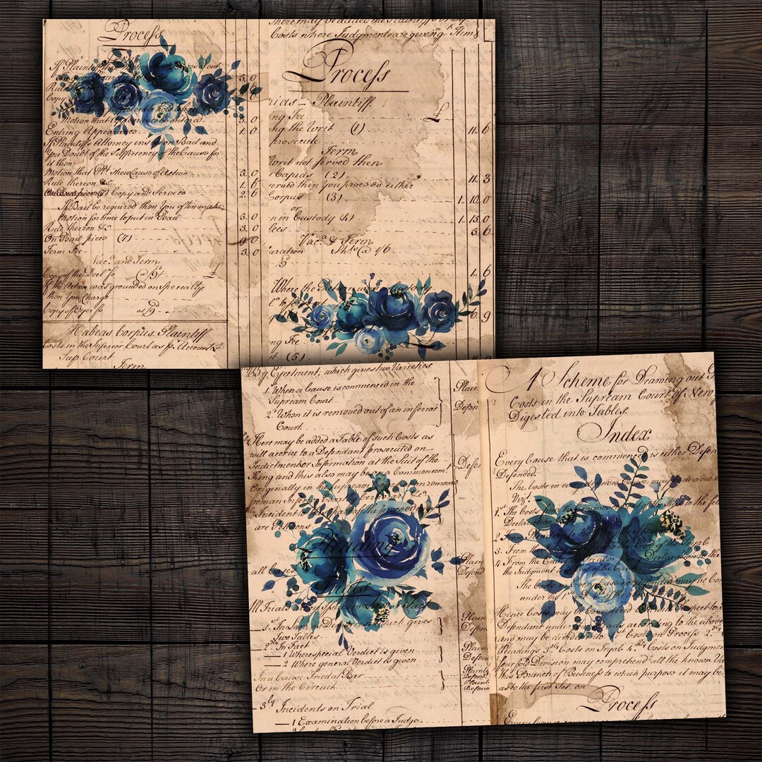Junk Journal Watercolor Blue and Black Floral Pages, Printable Ephemera ...
