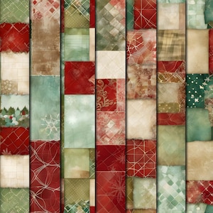May include: A digital collage of red, green, and white patterned squares. The squares are arranged in a vertical pattern, creating a patchwork effect.