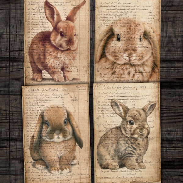 Vintage Rabbit Ledger Pages, Grunge Document with Baby Rabbits Ephemera for Junk journals, Scrapbooks, Mixed media collage crafts