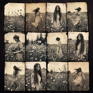 Ella es una flor silvestre. Tarjetas ATC con fotos grunge imprimibles para diarios basura, diarios artísticos, collages de técnica mixta, descargas digitales de hippies.