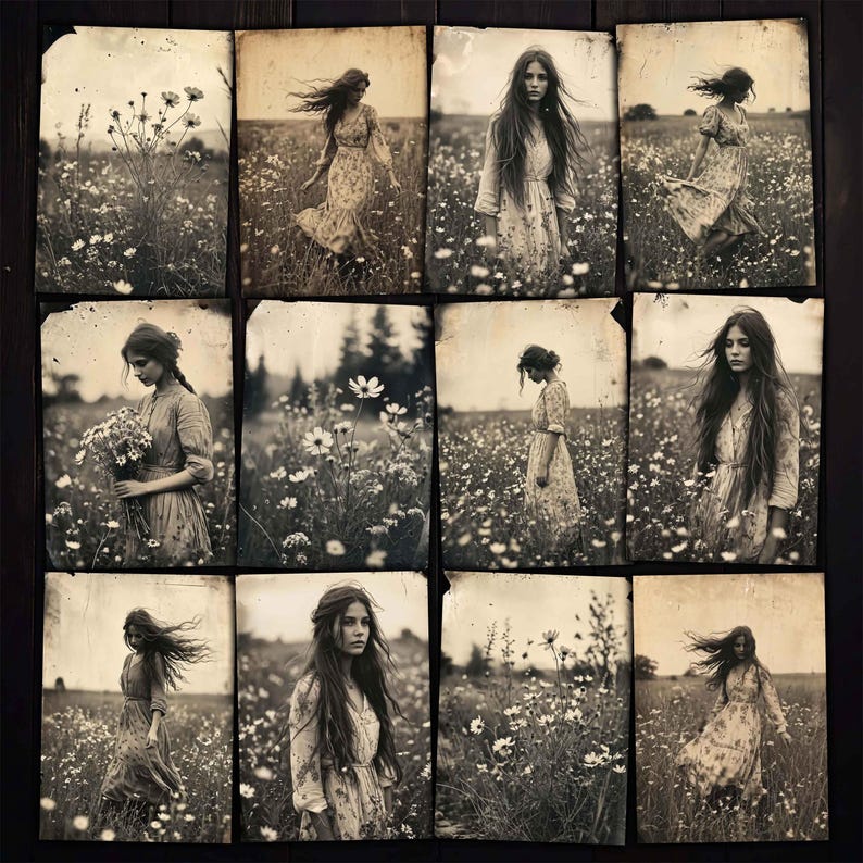 May include: A collage of nine black and white photographs featuring a woman in a field of wildflowers. The woman is wearing a long, flowing dress and has long hair. The photographs are arranged in a grid pattern.