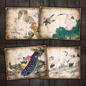 Antieke Japanse vogels afdrukbare pagina's voor ongewenste tijdschriften, Art Journal, plakboeken, papierambachten, digitale download
