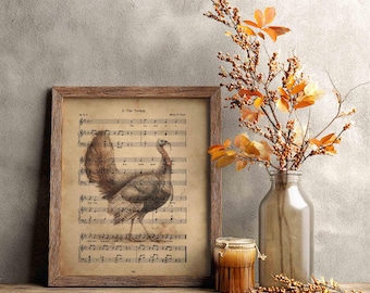 Partitura de la canción del pavo estilo vintage, decoración otoñal para Acción de Gracias (descarga digital)