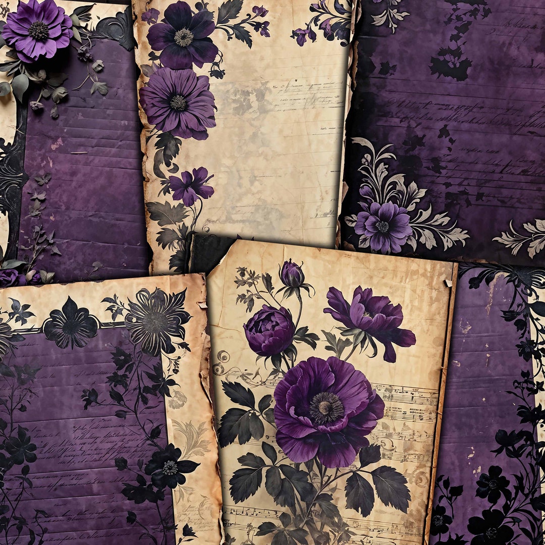 Dark Purple Floral Printable Paper: Junk Journal Kit (digital Download ...