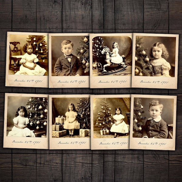 Antique Christmas Photographs Victorian Era Children and Christmas Trees, Printable Ephemera for Junk journals, mixed media crafts