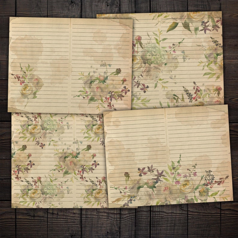 Vintage watercolor floral printable lined notebook pages for etsy