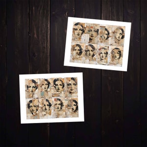 May include: Two framed prints of collage art featuring multiple images of women's faces. The faces are made of layered paper and have a vintage aesthetic.