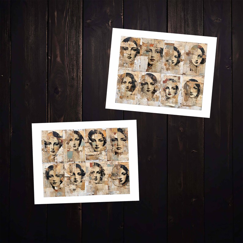 May include: Two framed prints of collage art featuring multiple images of women's faces. The faces are made of layered paper and have a vintage aesthetic.