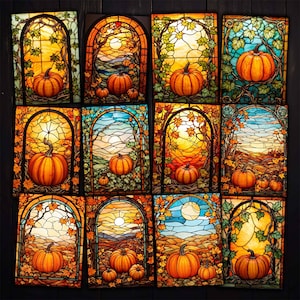 Cartes ATC imprimables de fenêtres en verre teinté citrouilles pour arts techniques mixtes, journaux indésirables, créations artisanales en papier d'automne et téléchargement de kit numérique