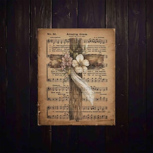 Impresión vintage de himno y cruz de Amazing Grace para sublimación, decoración, manualidades y descarga digital imprimible.