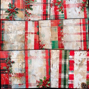 Christmas Plaid and Holly Printable Half Pages for Junk journals, Mixed media collage, Paper crafts, Digital kit download