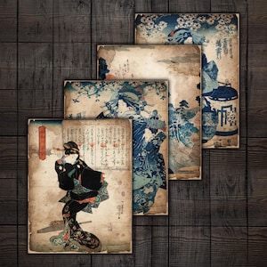 Blue Japanese Printable Pages for Junk Journals, Art Journal, Scrapbooks, Paper Crafts, Digital Download
