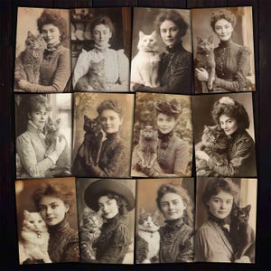 Op de afbeelding: Een collage van tien vintage foto's met vrouwen in verschillende poses met katten. De vrouwen zijn gekleed in elegante kleding en de katten zijn een mix van rassen, waaronder tabby, calico en wit.
