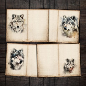 Peut inclure: Ensemble de quatre pages de journal imprimables avec des illustrations d'aquarelle de visages de loups. Chaque page a une texture de papier vintage vieilli et un espace vide pour écrire.