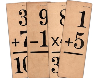 LARGE Vintage Math Flashcards, 3x9 Inch Digital Download flash card Maths for junk journal, collage, scrapbook, paper crafts