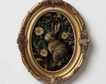 Dark Floral Rabbit Print : Vintage Easter Cottage core Wall Art (Digital Download)