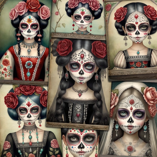 Gothic Sugar Skull Dolls, Printable 6x4 Pages for Junk Journals, Mixed Media collage,  Paper crafts, Dia De Muertos, Day of the Dead
