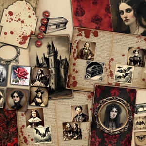 Gothic Vampire Junk Journal Kit, Afdrukbare vampierenpagina's, Ephemera, Collagebladen voor ongewenste tijdschriften, Mixed Media, Halloween-ambachten