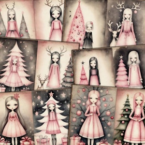 Pink Gothic Christmas Girls Pagine stampabili per diari spazzatura, Scrapbook, Cartoline, Collage multimediale misto, Kit di download digitale