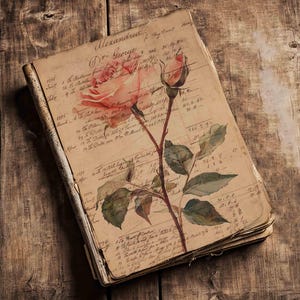 May include: A vintage journal with handwritten text and a watercolor illustration of a pink rose with green leaves. The journal is open and the pages are slightly curled.