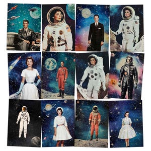 ATC imprimible del espacio exterior de los años 50 para revistas basura retro, collage de técnica mixta, manualidades de papel, descarga de kit digital