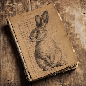Grunge Kaninchen Antique Ledger Ephemera Druckbare Osterseiten für Junk Journals, Mixed Media Collage, Papierhandwerk, Digital Kit Download