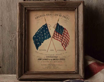 Puede incluir: Impresión vintage enmarcada con dos banderas americanas cruzadas y el texto "AMERICA SHALL AYE BE FREE!". Las banderas son azules y blancas con estrellas y rayas rojas y blancas. La impresión está en un marco de madera rústico.