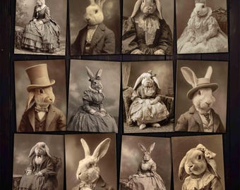 Bunny Rabbits Photographs, Vintage Sepia Easter Photo Collage Images: Junk Journal ATC (Digital Kit)