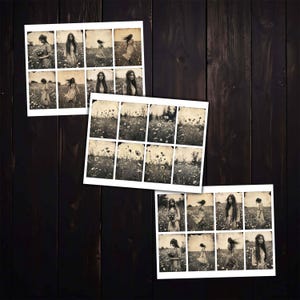 May include: A set of 18 black and white photographs featuring a woman in a field of flowers. The photos are arranged in a grid pattern and show the woman from different angles and poses.