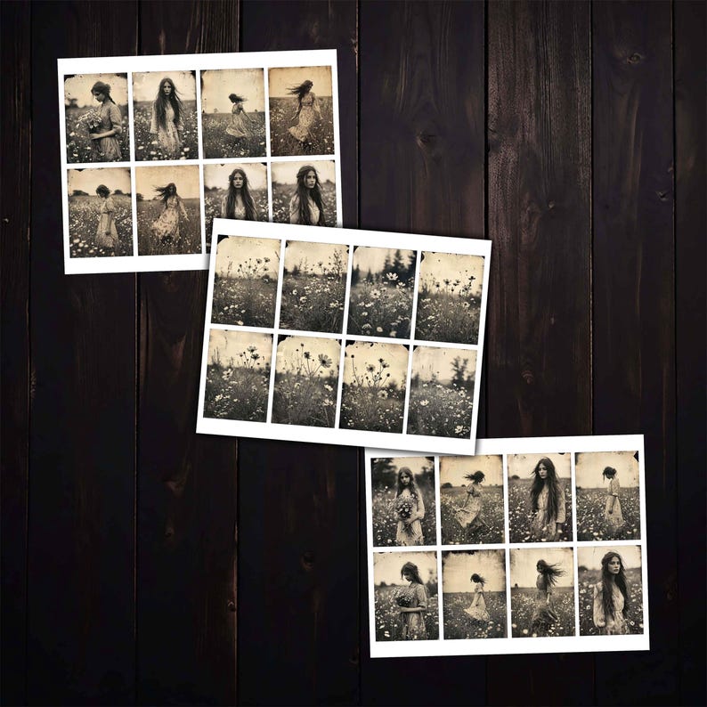 May include: A set of 18 black and white photographs featuring a woman in a field of flowers. The photos are arranged in a grid pattern and show the woman from different angles and poses.