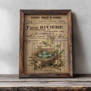 May include: A framed vintage print featuring a bird's nest with blue eggs, surrounded by white flowers and green leaves. The print has a sepia tone and includes French text, giving it a rustic, antique aesthetic. The frame is made of wood.