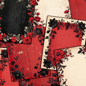 Papeles imprimibles con motivos florales en rojo y negro para revistas basura, collages de técnica mixta, álbumes de recortes, manualidades de papel, descarga de kit digital en formato jpg