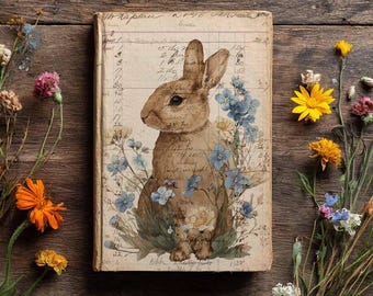 Rabbit and Flowers Antique Ledger Ephemera: Printable Easter Junk Journal Pages (Digital Download)