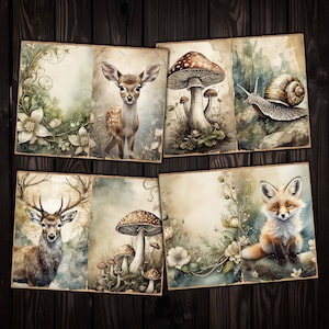 Junk Journal Forest Pages imprimables, kit numérique Woodland Deer Fox champignons