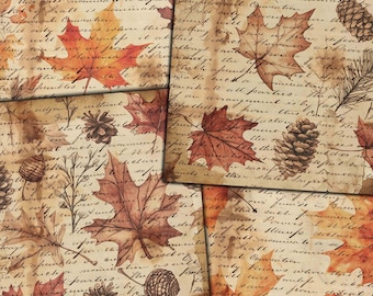 May include: A vintage-style collage with autumn motifs. It showcases watercolour illustrations of maple leaves and pine cones in brown, orange, and beige hues, layered over handwritten script, creating a rustic feel.