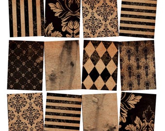 May include: A collage of twelve vintage-style paper cards with various patterns. Designs include black and tan stripes, damask, skull and crossbones, diamond, and abstract textures. The cards have a distressed, aged appearance.
