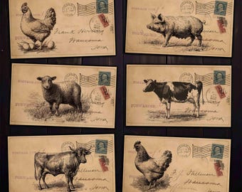 Postales antiguas de animales de granja, efímeros imprimibles para álbumes de recortes y manualidades vintage (descarga digital)