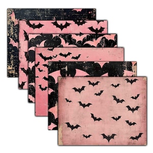 May include: A collection of rectangular paper sheets with a distressed, vintage appearance. The sheets display a repeating pattern of black bats on a pink and black background. The paper has a worn, aged look, ideal for Halloween-themed crafts.