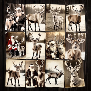 Weihnachten Rentier und Weihnachtsmann Antik Fotografien, ATC Karten für Junk Journals, Mixed Media Collage, DIY Ornamente, Karten, Scrapbook Digital