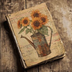 Annaffiatoio e girasoli, carta da registro grunge stampabile per diari spazzatura, collage di tecniche miste, album di ritagli, artigianato rustico in stile country