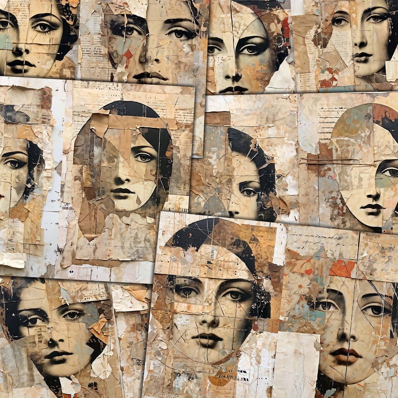 May include: A collage of abstract art featuring multiple faces of women with various skin tones. The faces are layered with textured paper and paint, creating a unique and artistic composition.